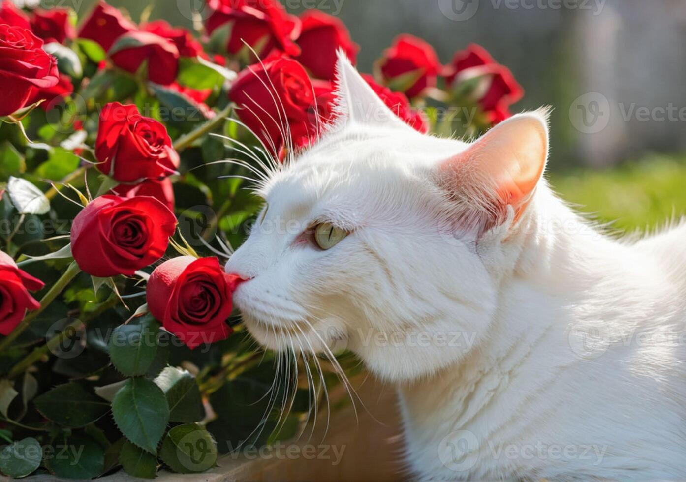 AI generated Cute fluffy white cat sniffing red roses. Close-up. Clear sunny day. Warm spring weather. photo