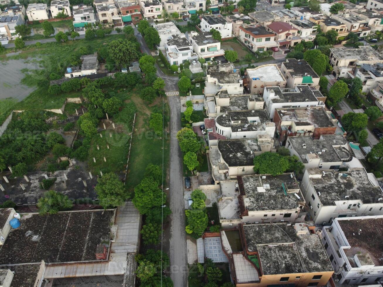 Rectangular shaped settlement of the rich district, looking down aerial view from above Bird eye view villas with pool on 2023-07-22 in Lahore Pakistan photo