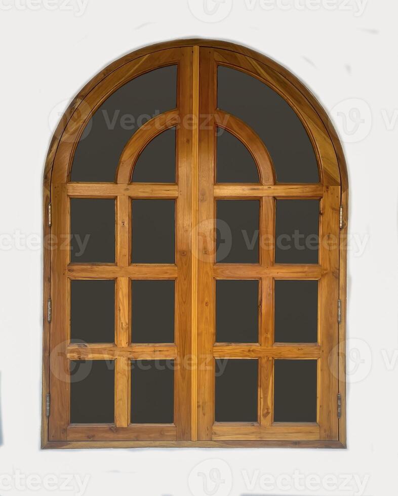 Double-paned wooden doors with circular curved frames and 6 rectangular glass panels per panel to allow light to pass through. Suitable for restaurants, coffee shops. photo