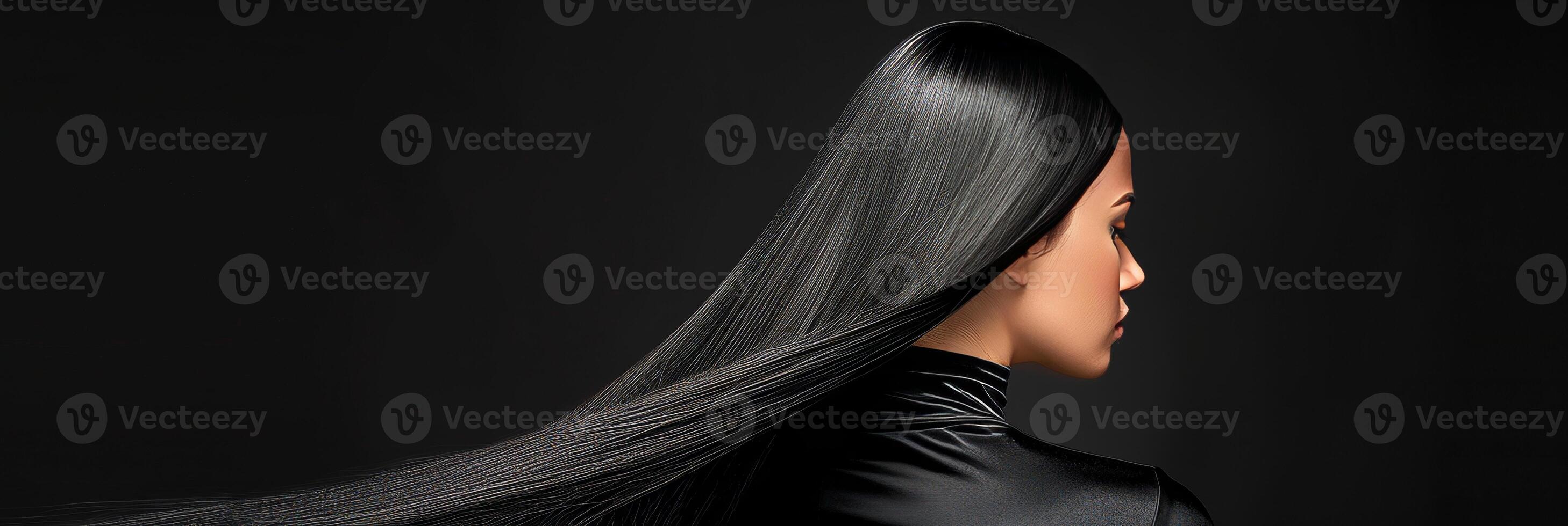 AI generated Elegant woman with long flowing hair on dark backgroundhair care and beauty concept with copy space photo