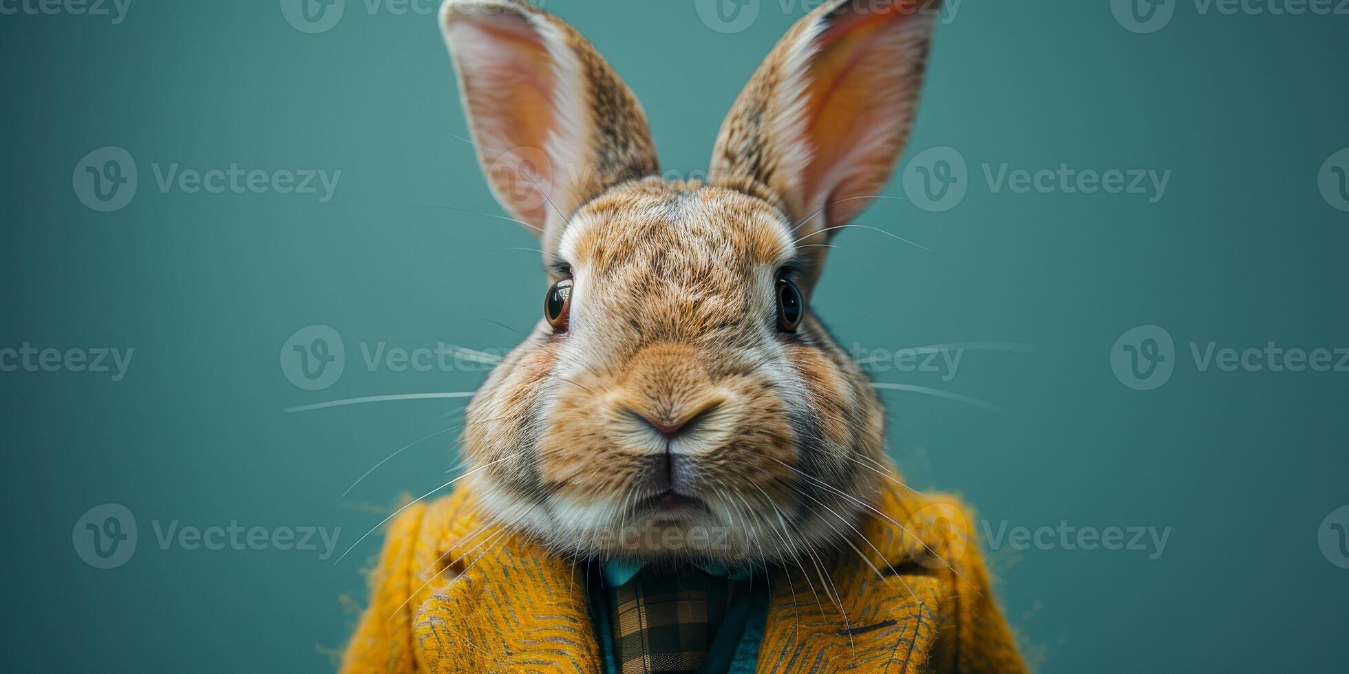 AI generated A rabbit is depicted wearing a formal suit and tie, exuding an air of sophistication and elegance. The rabbit appears poised and ready for a professional setting photo