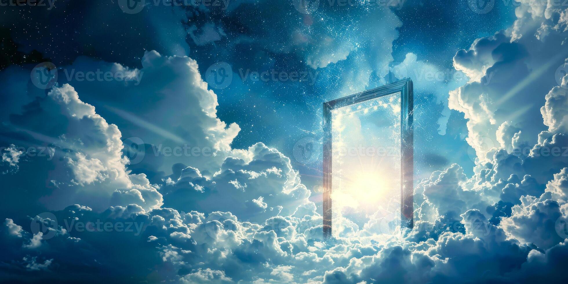 AI generated A open door pierces through the sky, surrounded by a sea of fluffy white clouds. The door stands prominently against the backdrop of the heavens photo