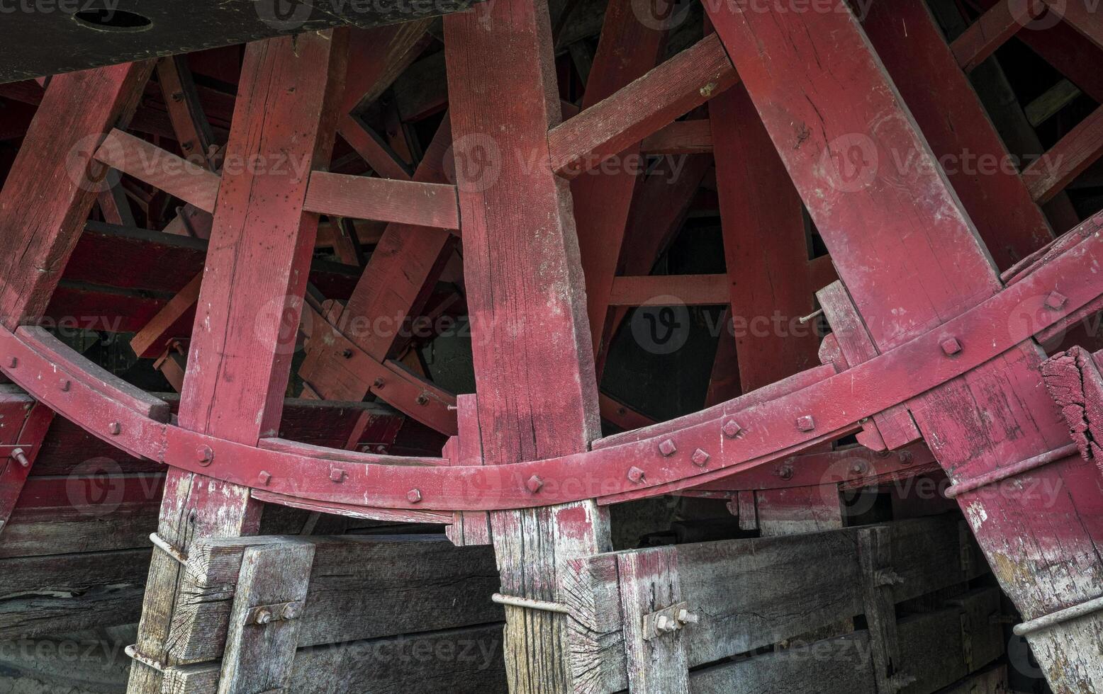 detail of wooden paddle wheel of Captain Meriwether Lewis sidewheeler dredge displayed in a dry dock in Brownville, Nebraska photo