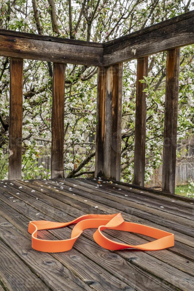 heavy duty resistance exercise band for fitness and rehabilitation on wooden backyard deck, springtime scenery photo