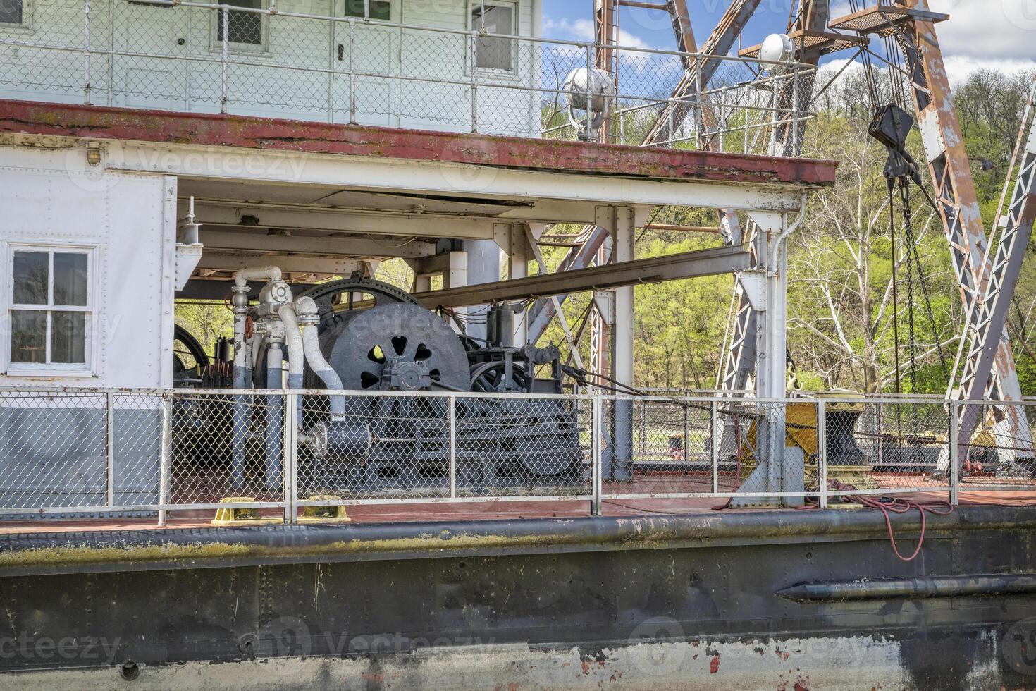 detail of machinery and gear on a deck of the vintage Captain Meriwether Lewis sidewheeler dredge displayed in a dry dock in Brownville, Nebraska photo