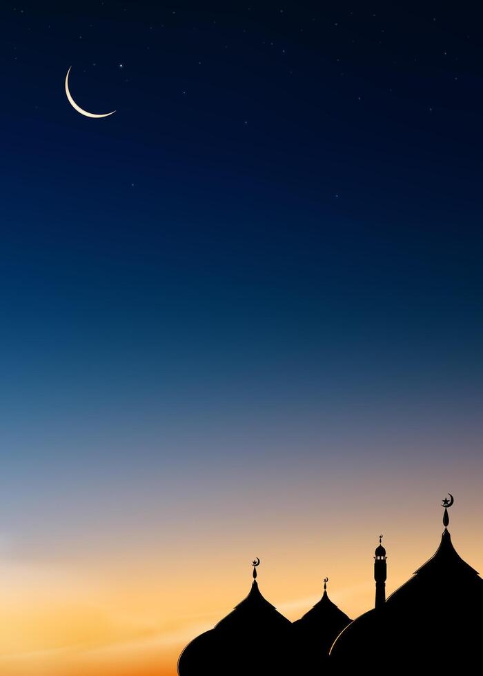 Ramadán kareem, eid Mubarak fondo, cúpula mezquitas,media luna estrella Lunar en noche cielo, vector símbolo islámico religión bandera para eid Alabama adha, eid Alabama nuevo año muharram