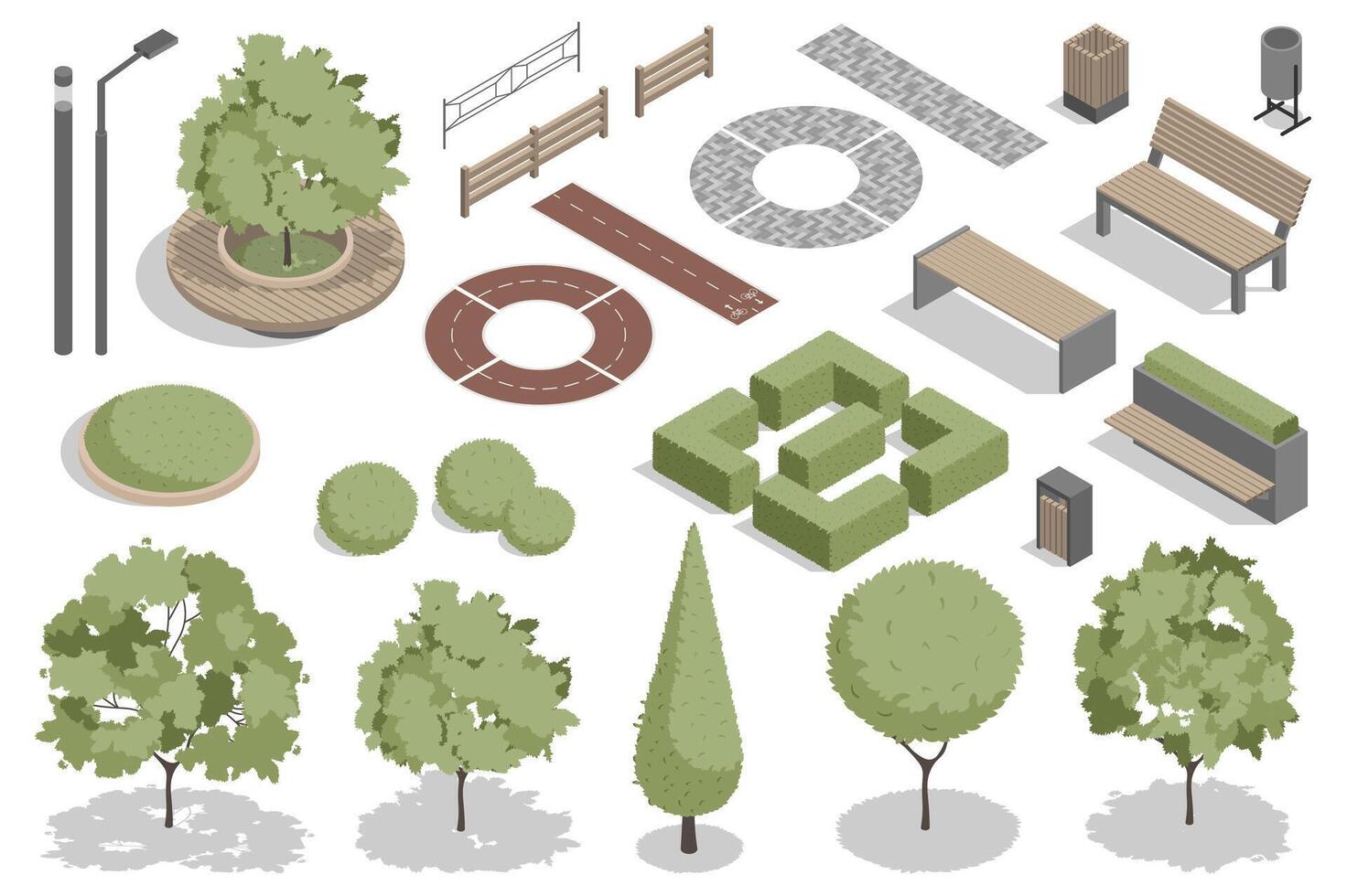 Modern park isometric elements constructor mega set. Creator kit with flat graphic street lanterns, trees and bushes, fences, benches, trash bins, pathes. Vector illustration in 3d isometry design