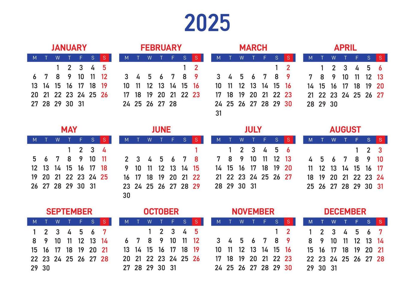 Calendar 2025, week starting from Monday. Schedule planner. vector