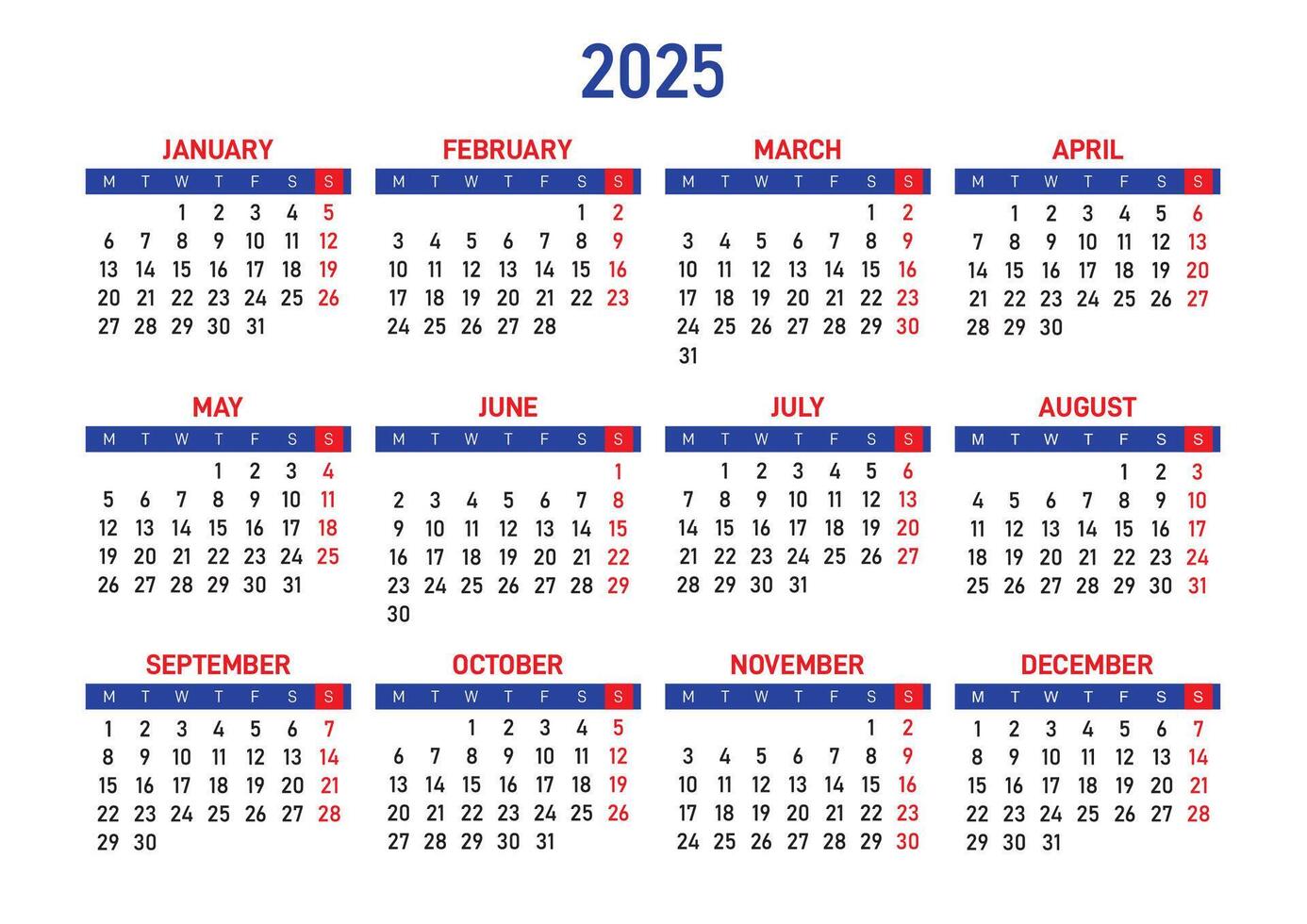 calendario 2025, semana comenzando desde lunes. calendario planificador. vector