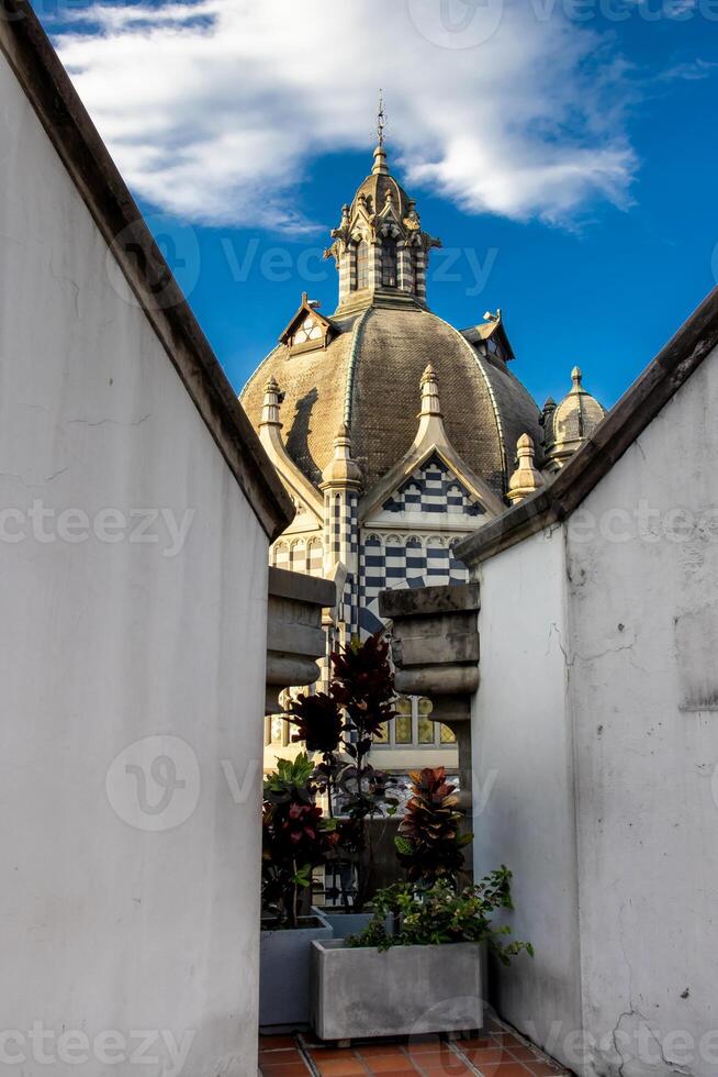 Detail of the historic, Gothic Revival style, Rafael Uribe Uribe Palace of Culture located at the Botero Square in Medellin declared National Monument of Colombia in 1982. photo