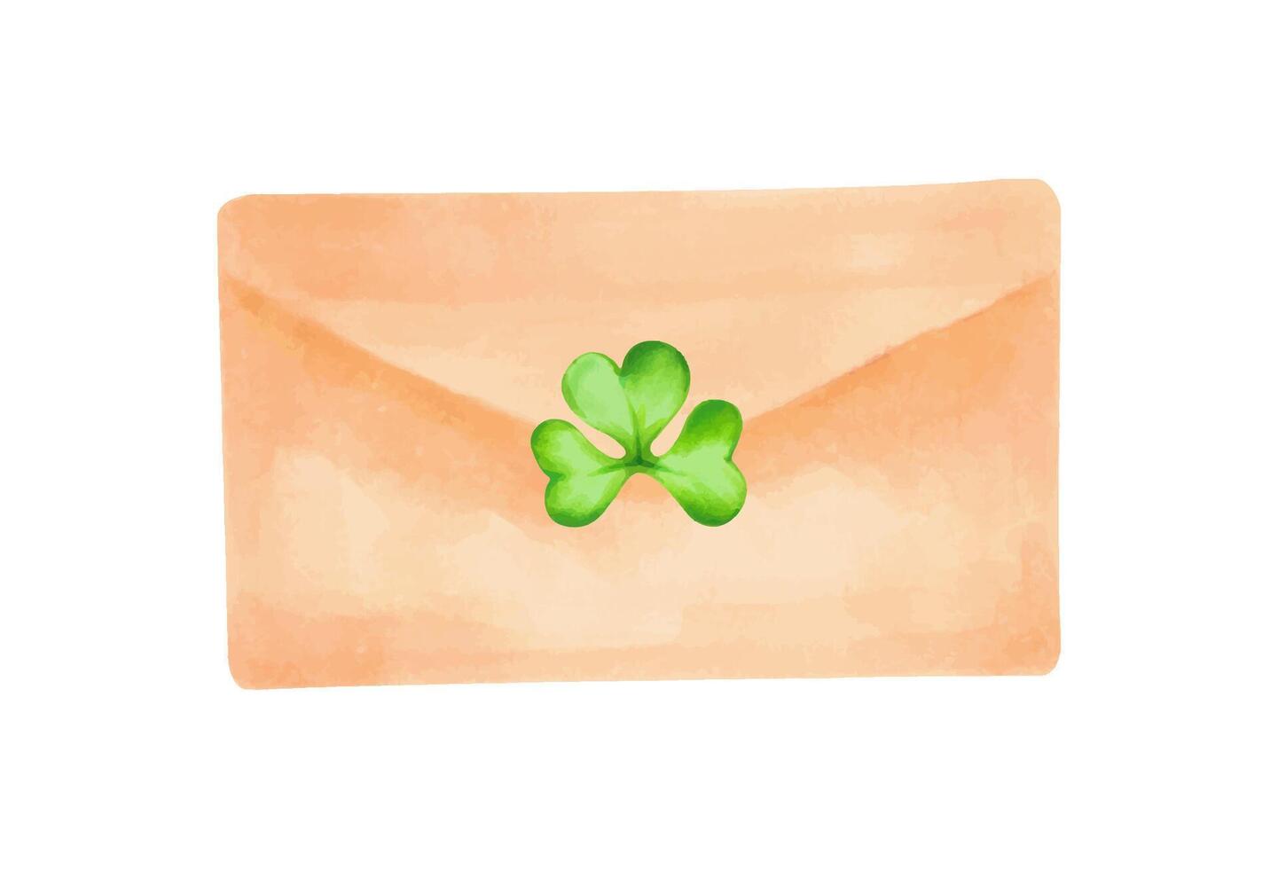 Paper brown envelope with clover. Talisman for St. Patrick's Day. Illustration with watercolors and markers. Hand drawn isolated sketch.Clip art for design,stickers, invitation or template vector