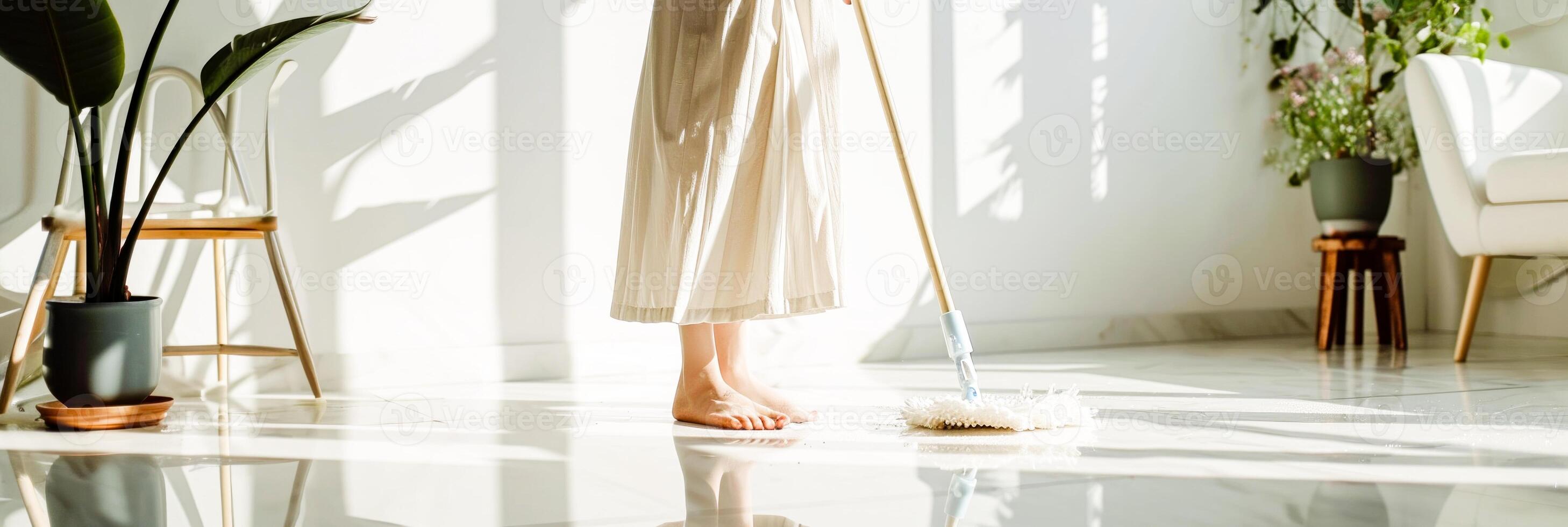 AI Generated A person in a light dress mopping a shiny white floor in a sunlit room with green plants and modern decor.banner.home care or lifestyle, photo