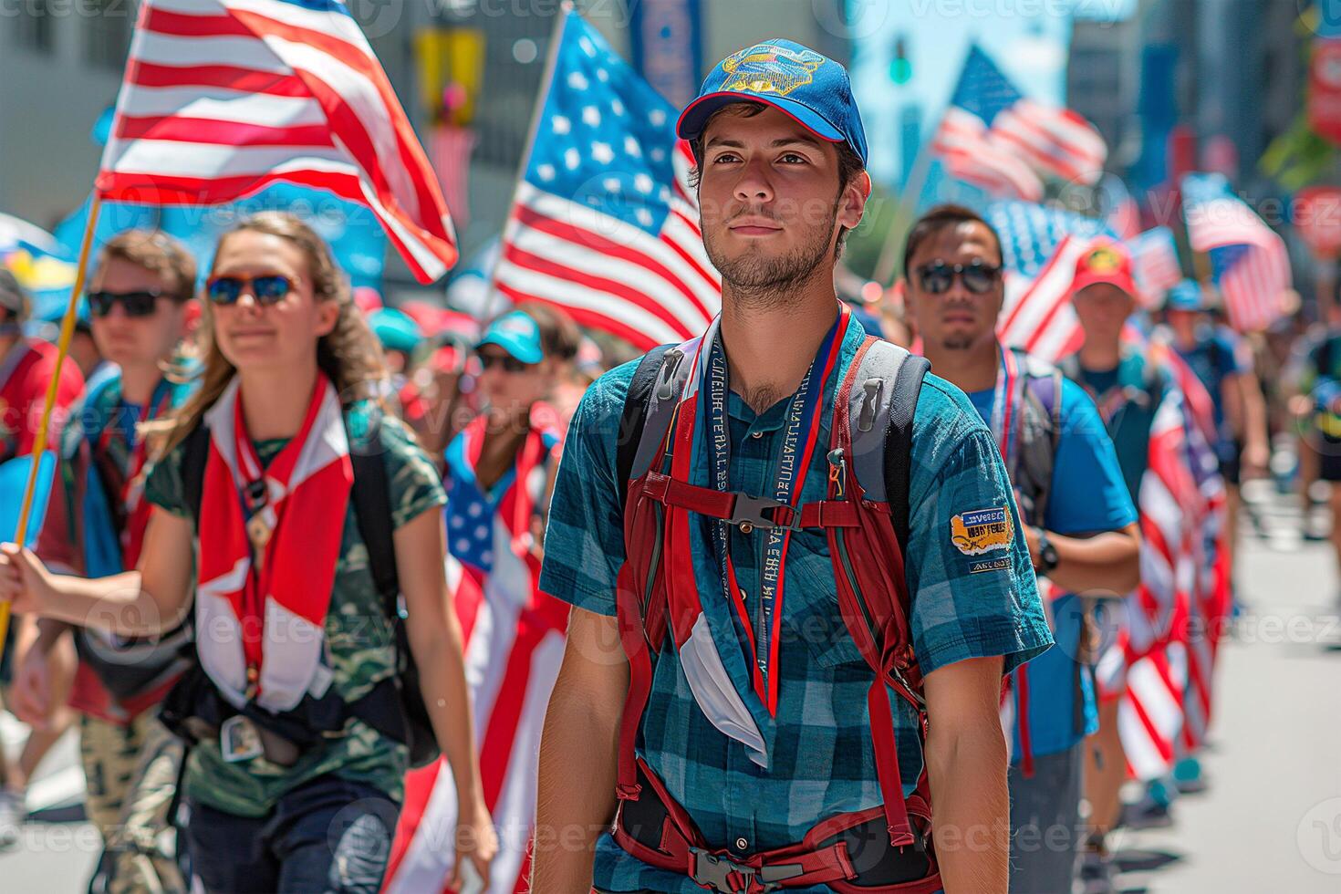 AI generated A crowd marching with American flags on Flag Day USA photo