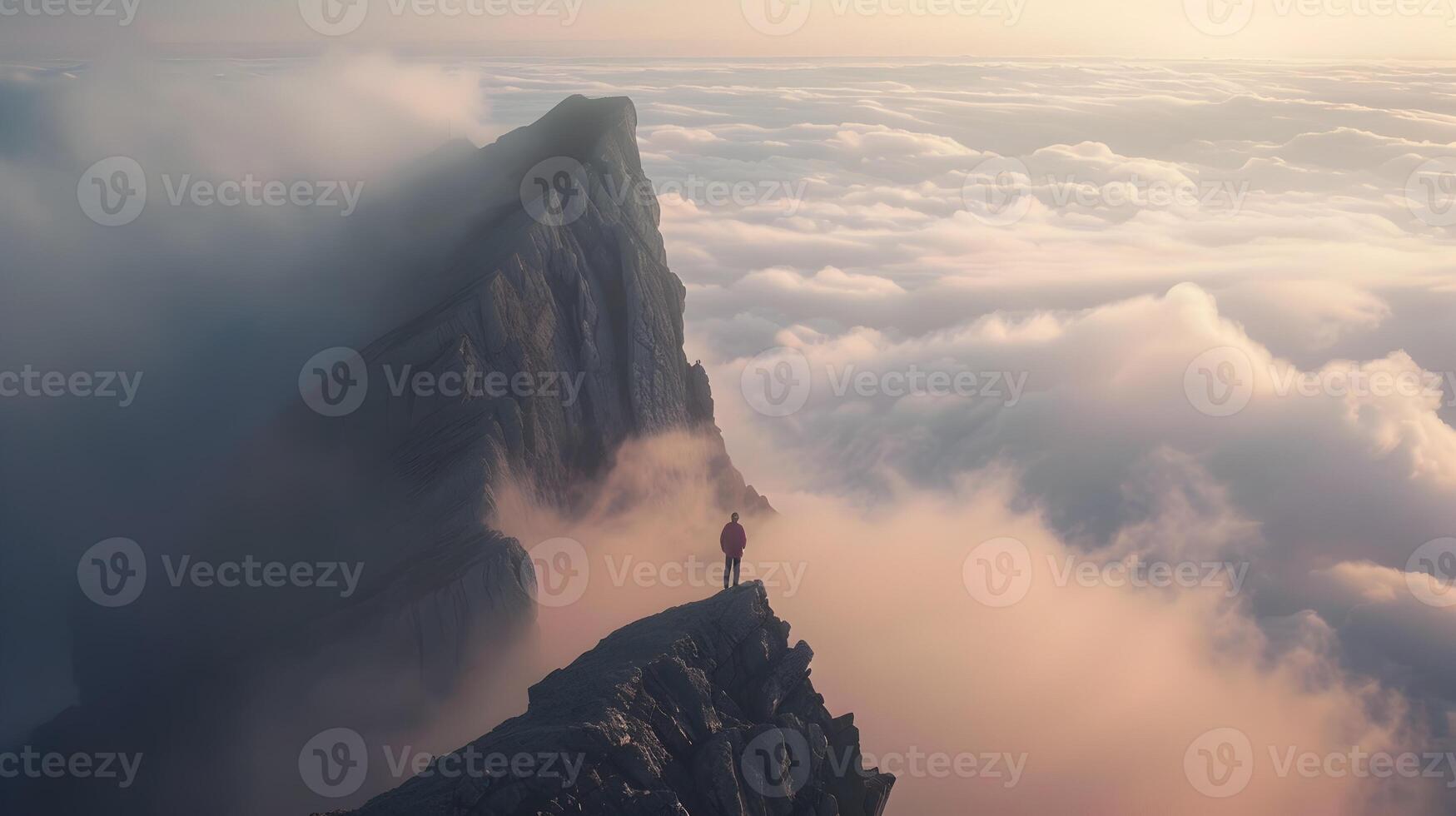 AI generated A Solitary Wanderer at the Peak of a Soaring Mountain, Overlooking a Sea of Clouds at Dawn - An Awe-Inspiring Cinematic Scene photo