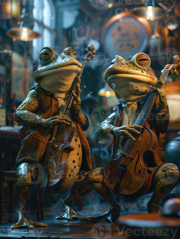 AI generated Frogs as jazz musicians playing a lively set in a smoky photo