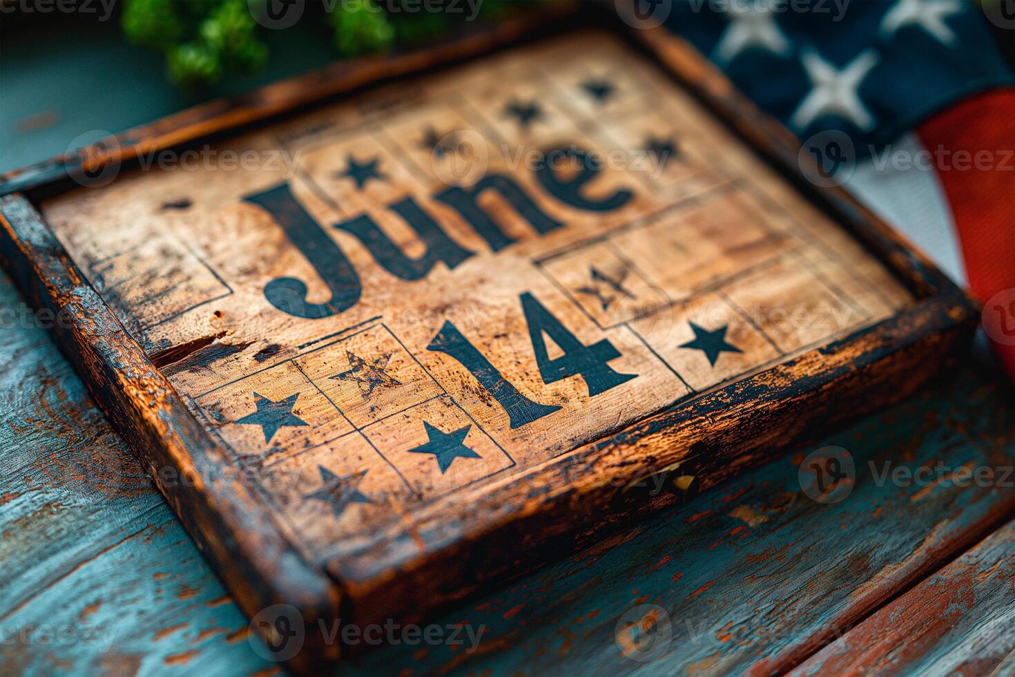 ai generado de madera bloques calendario con junio 14 fecha, rodeado por nosotros bandera. nacional bandera día foto