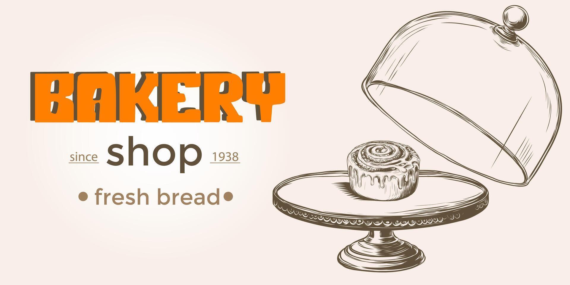 Vintage style bakery production banner with cinnamon roll under glass lid. Engraving of cinnamon bun for pastry, confectionary, cuisine, cafe. Vector illustration in line sketch style.