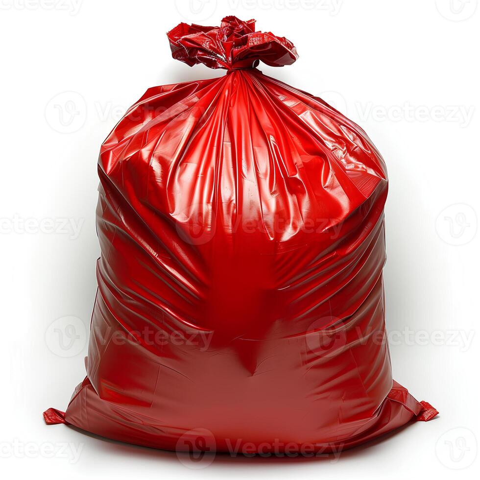 AI generated Red plastic trash bag isolated on white background with shadow. Red trash bag isolated. Garbage bag for bio-waste photo