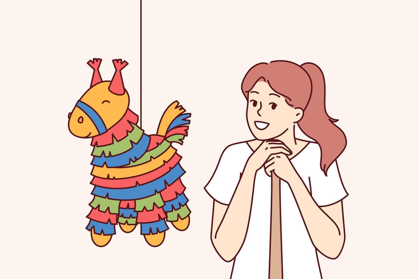 piñata con caramelo cerca niña con murciélago, preparando a aplastar en forma de caballo juguete para cumpleaños fiestas vector