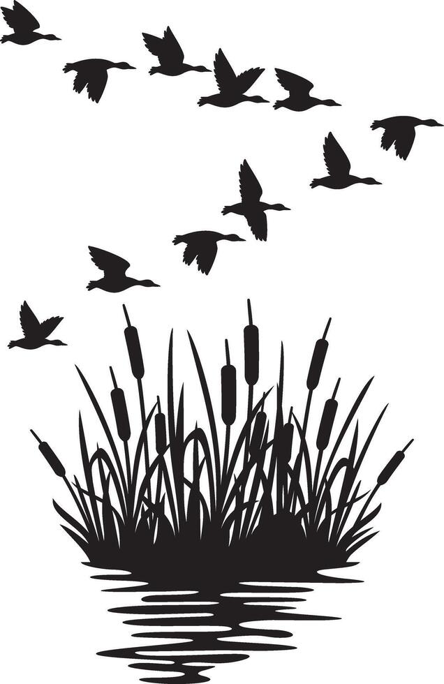 Flock of Flying Mallard Ducks and Reeds Silhouette Bulrush.  Migrating Birds. Vector Illustration.