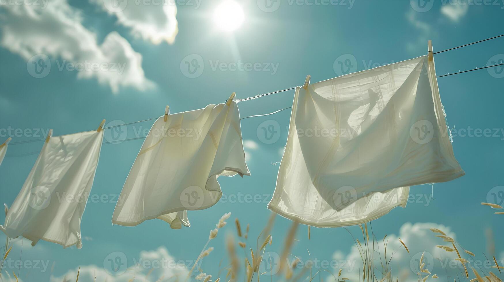 AI generated Fresh white clothes after laundry drying on a closeline. High-resolution. AI Generative photo