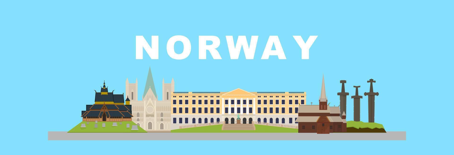 Set of flat vector illustrations of Norway's landmarks. Cute cartoon style, bright colors