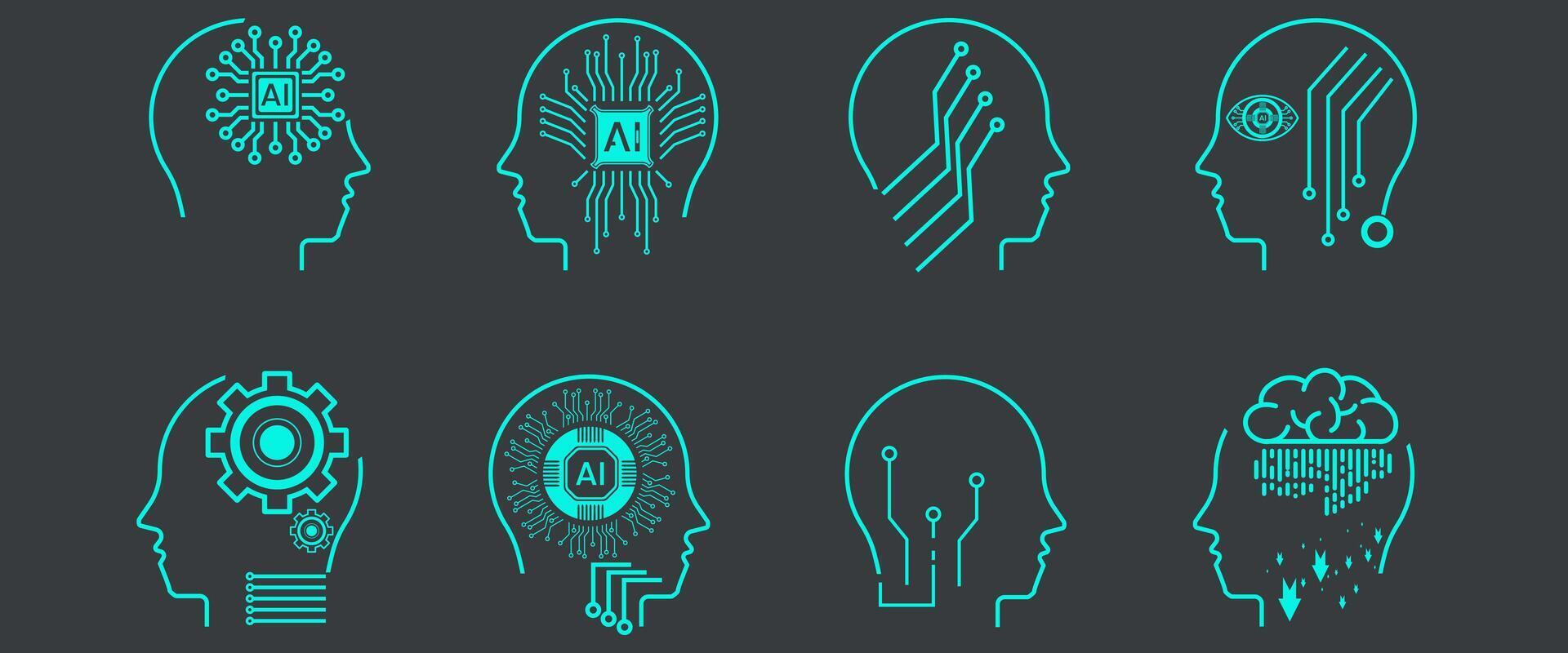 Set of AI line style, machine learning robot heads. Collection of Artificial intelligence icons. smart robotic head. and artificial intelligenceheads ,AI heads of icon set vector