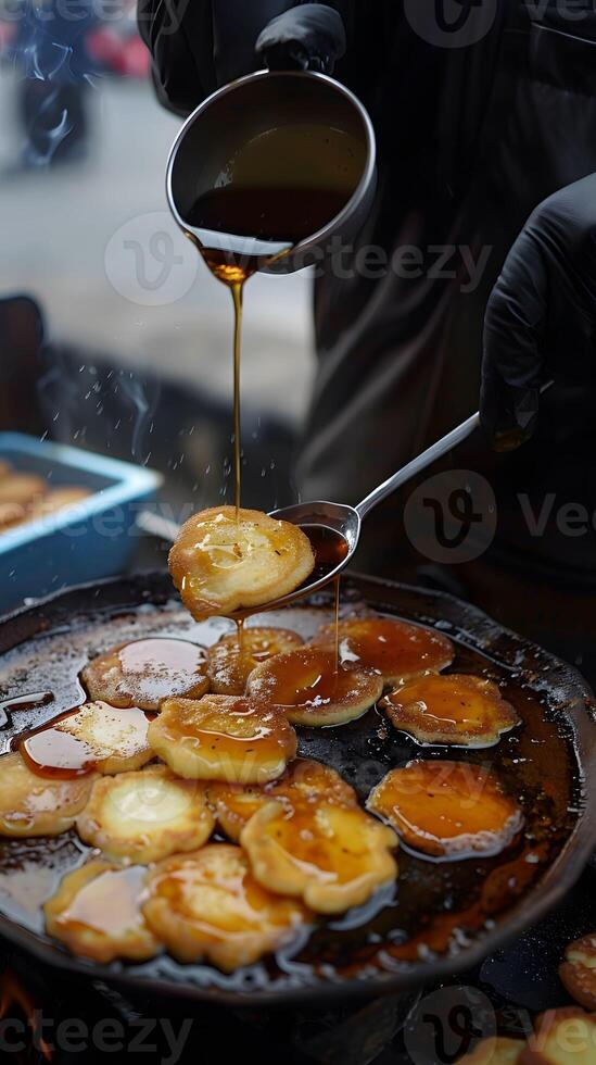 AI generated Hotteok sweet syrup filled pancakes winter street snack photo