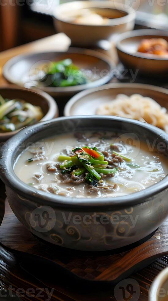 AI generated Seolleongtang ox bone soup milky broth slow cooked winter warmer photo