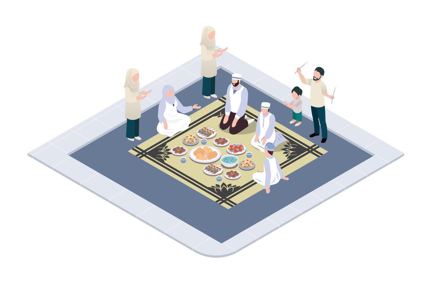 3d illustration ramadan kareem eating with family.happy family is iftar together, with food and drinks on the table lit by lanterns.  Suitable for Diagrams, Infographics, Book Illustration vector