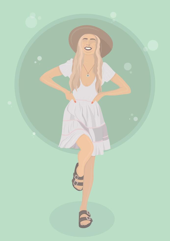 Vector flat minimalist style portret, pin-up girl in stylish sunglasses. Vector fashion summer illustration, postcard