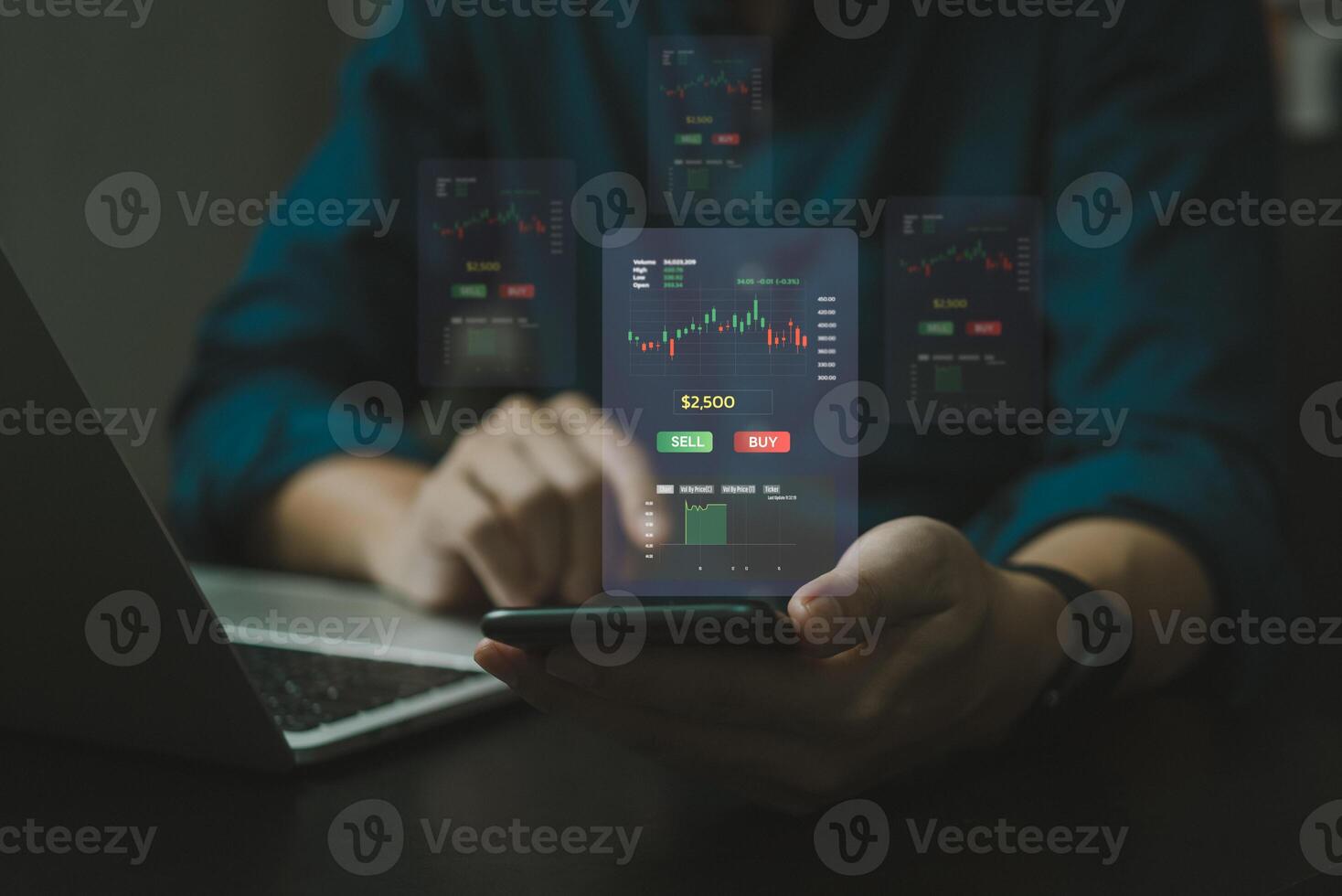 Hand using mobliel phone Finance and business investment concept. Stock and crypto investment funds.Businessman analyzing or trading Forex graphs of financial data candlestick chart. photo