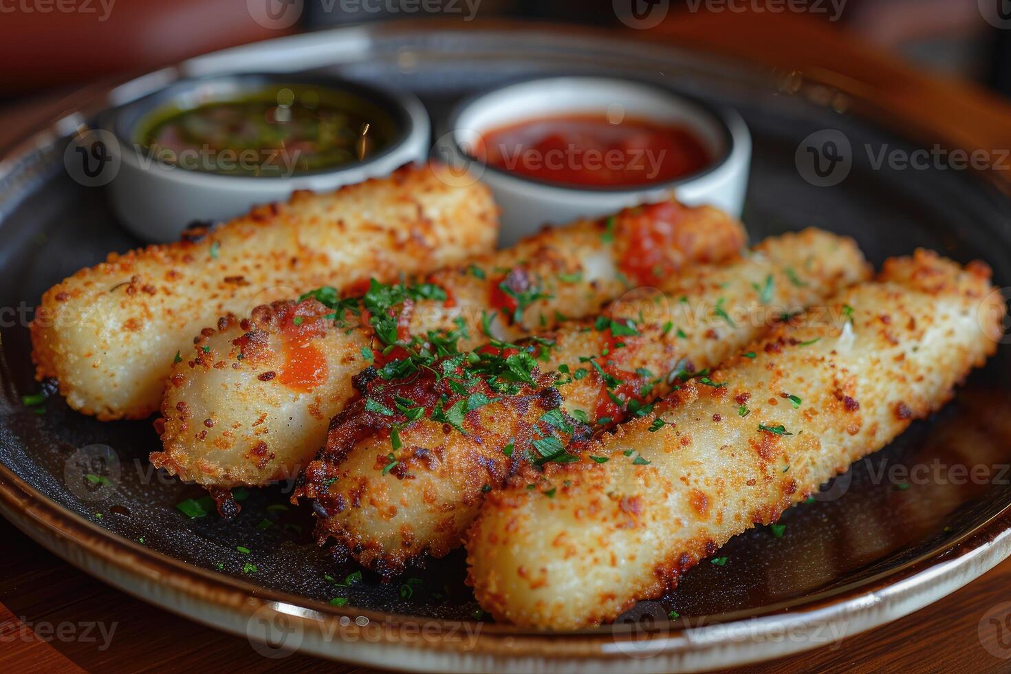 AI generated a plate of Mozzarella Sticks in the kitchen table professional advertising food photography photo