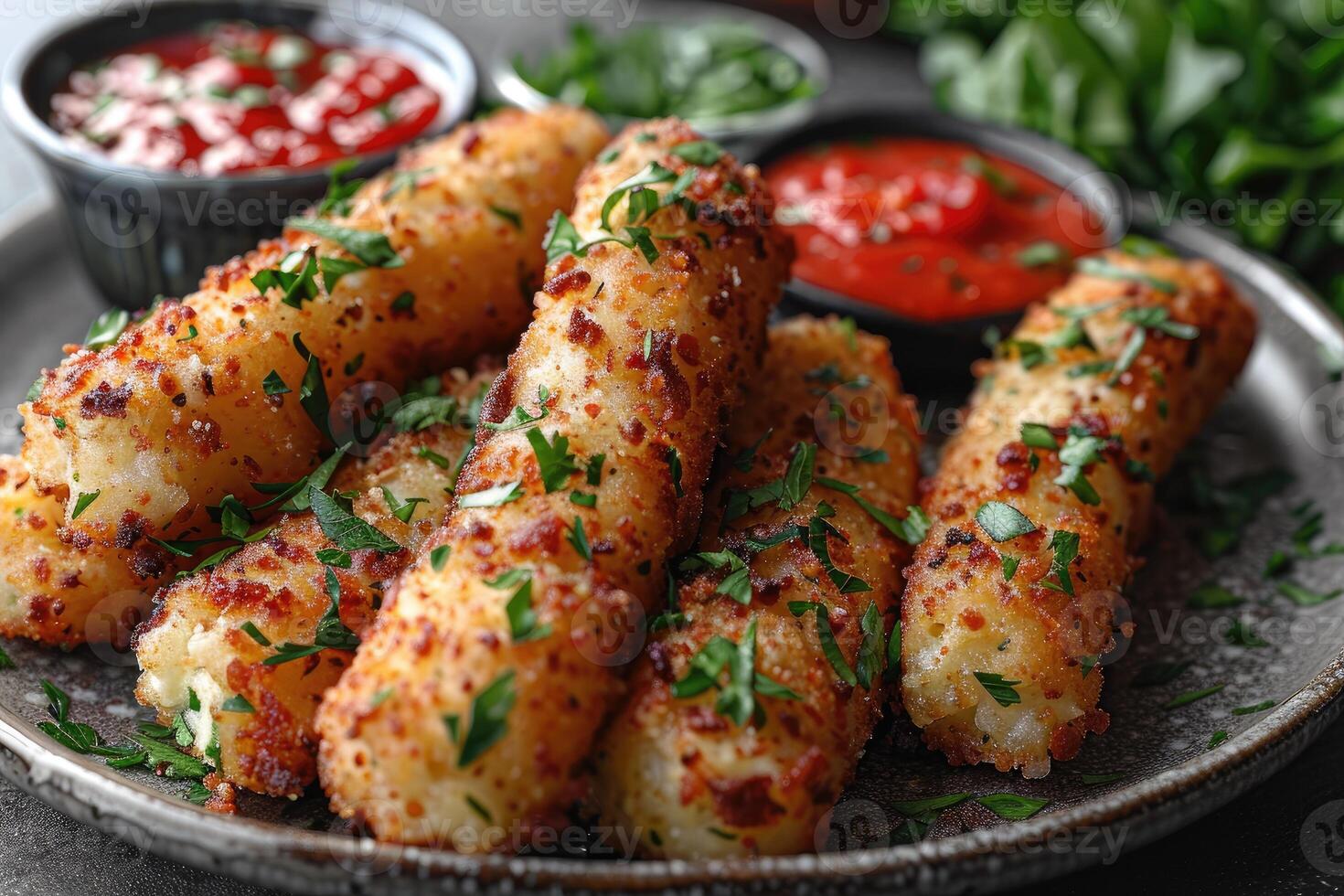 AI generated a plate of Mozzarella Sticks in the kitchen table professional advertising food photography photo