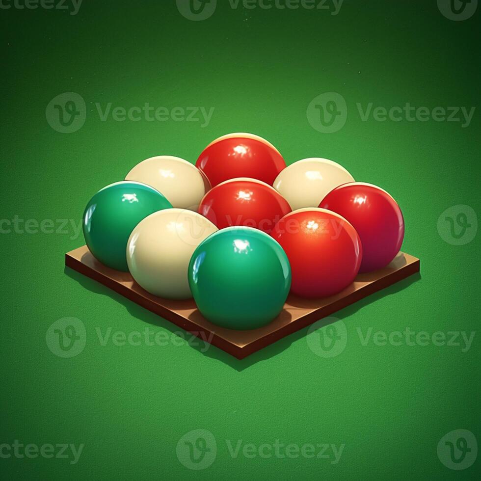 ai generado pelotas para billar snooker arreglado en un verde jugando superficie para social medios de comunicación enviar Talla foto