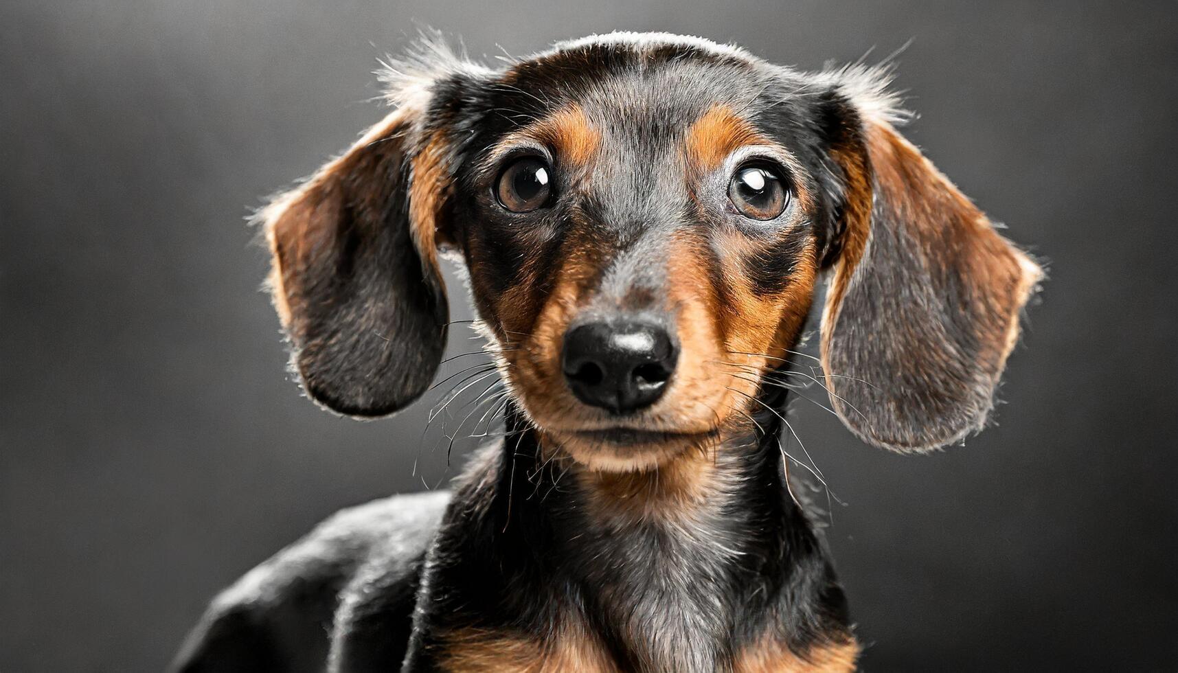 AI generated Close up shot of a dachshund, brown dog in a plain black and white background photo