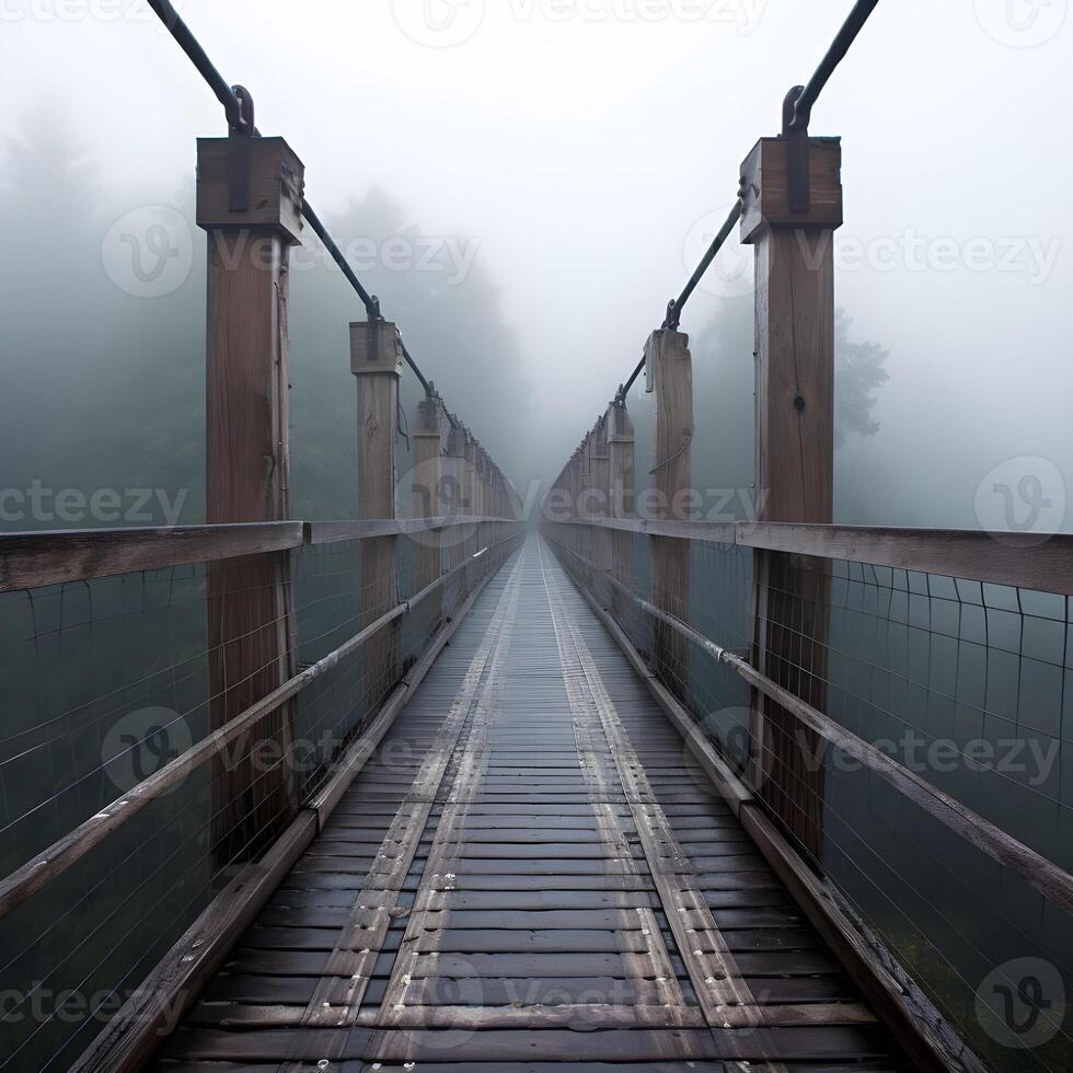 AI generated hanging bridge vanishing in fog. Focus on middle of bridge. Shakey Bridge photo