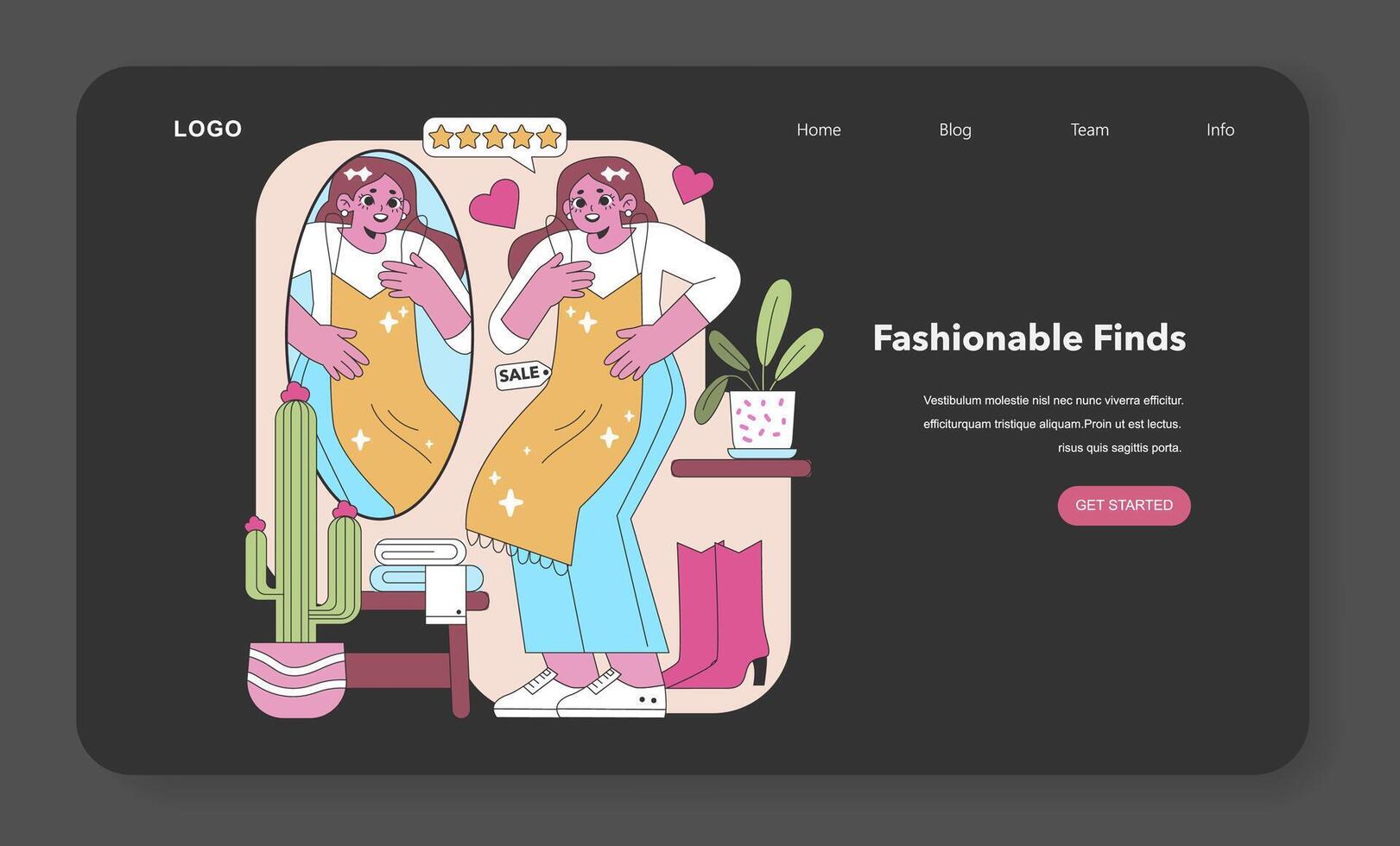 Excitement in eco-fashion. A joyful shopper tries on a chic find at a secondhand store, reflecting the thrill of sustainable style discoveries. Vector illustration.
