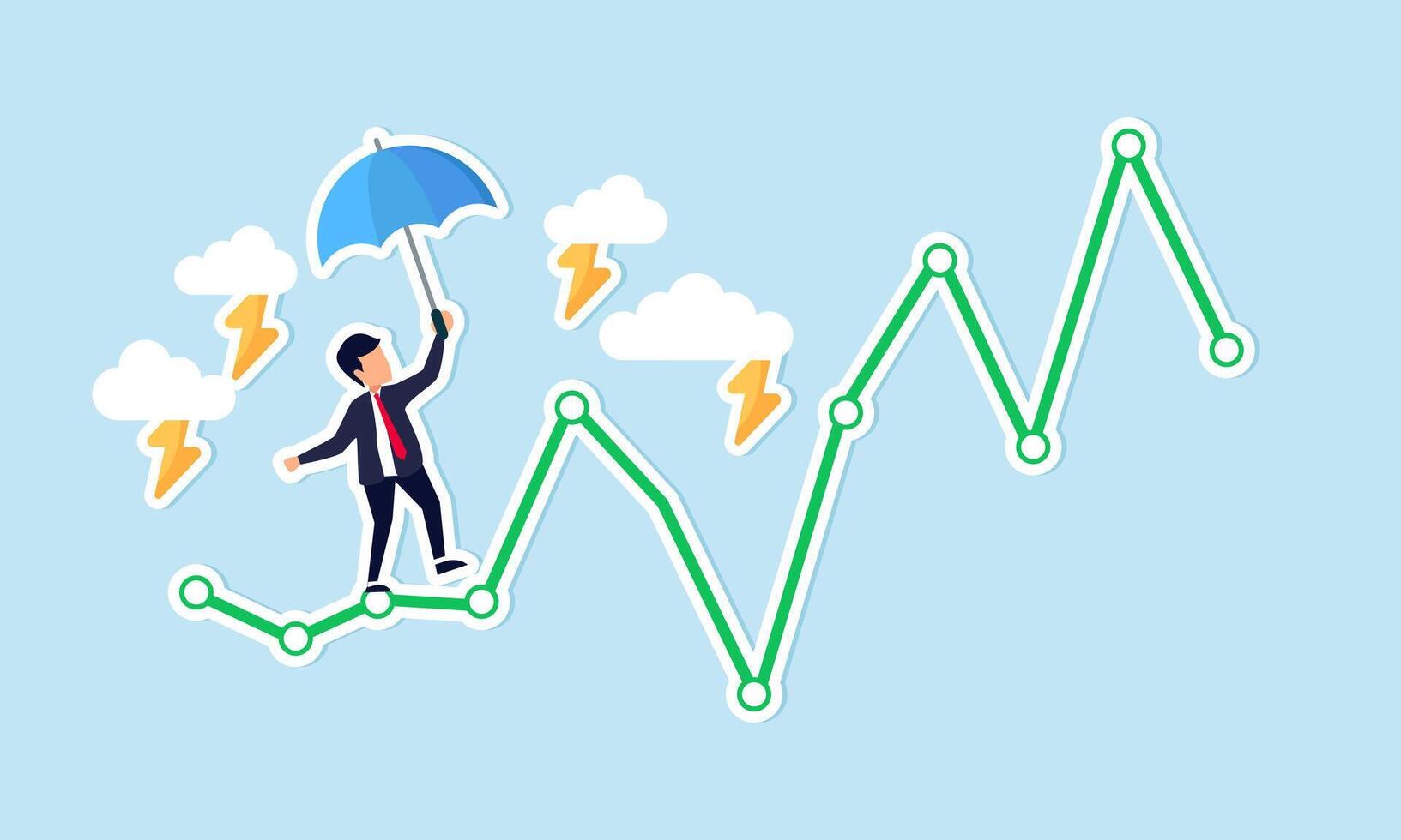 Risk and uncertainty in investmentmarket volatility, crypto fluctuations, requiring an all weather strategy concept, businessman acrobat planning to walk on risky investment graph. vector