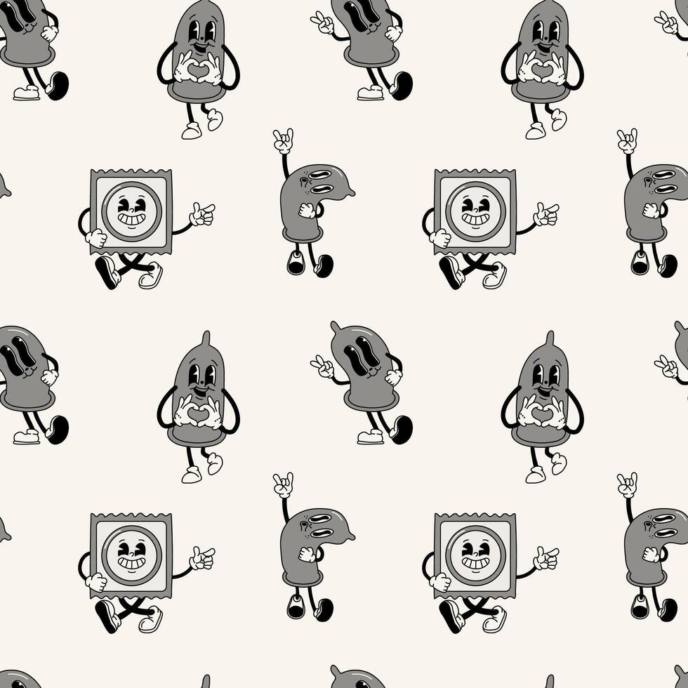 Seamless pattern with Black and white retro condom mascot character. 40s, 50s, 60s old animation style. Safe sex,birth control and contraception concept vector