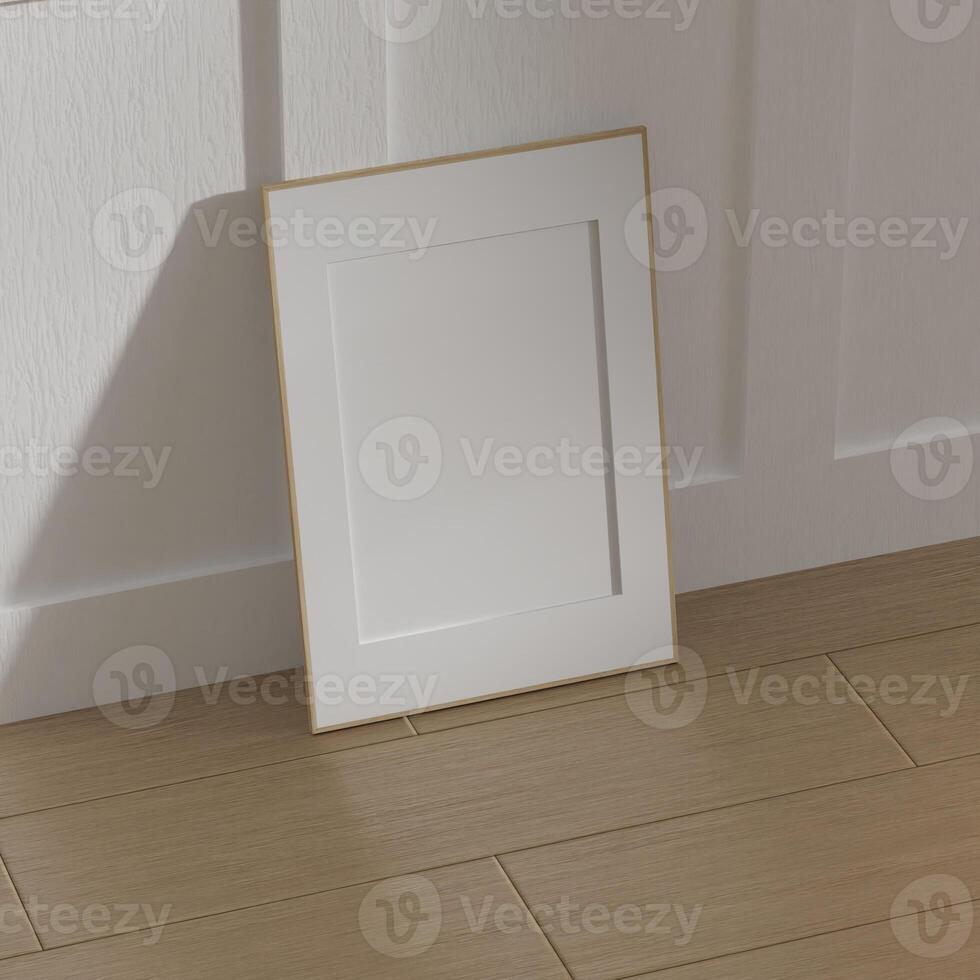 marco interior, Bosquejo marco, póster madera marco vertical vacío imagen interior, acogedor hogar habitación en ilustración 3d representación. foto