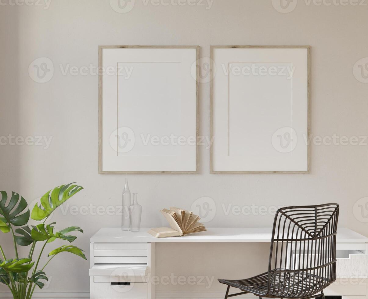 Frame interior, mockup frame, poster wood frame verticalin empty picture interior close up, work desk table cozy home room in illustration 3d rendering. photo