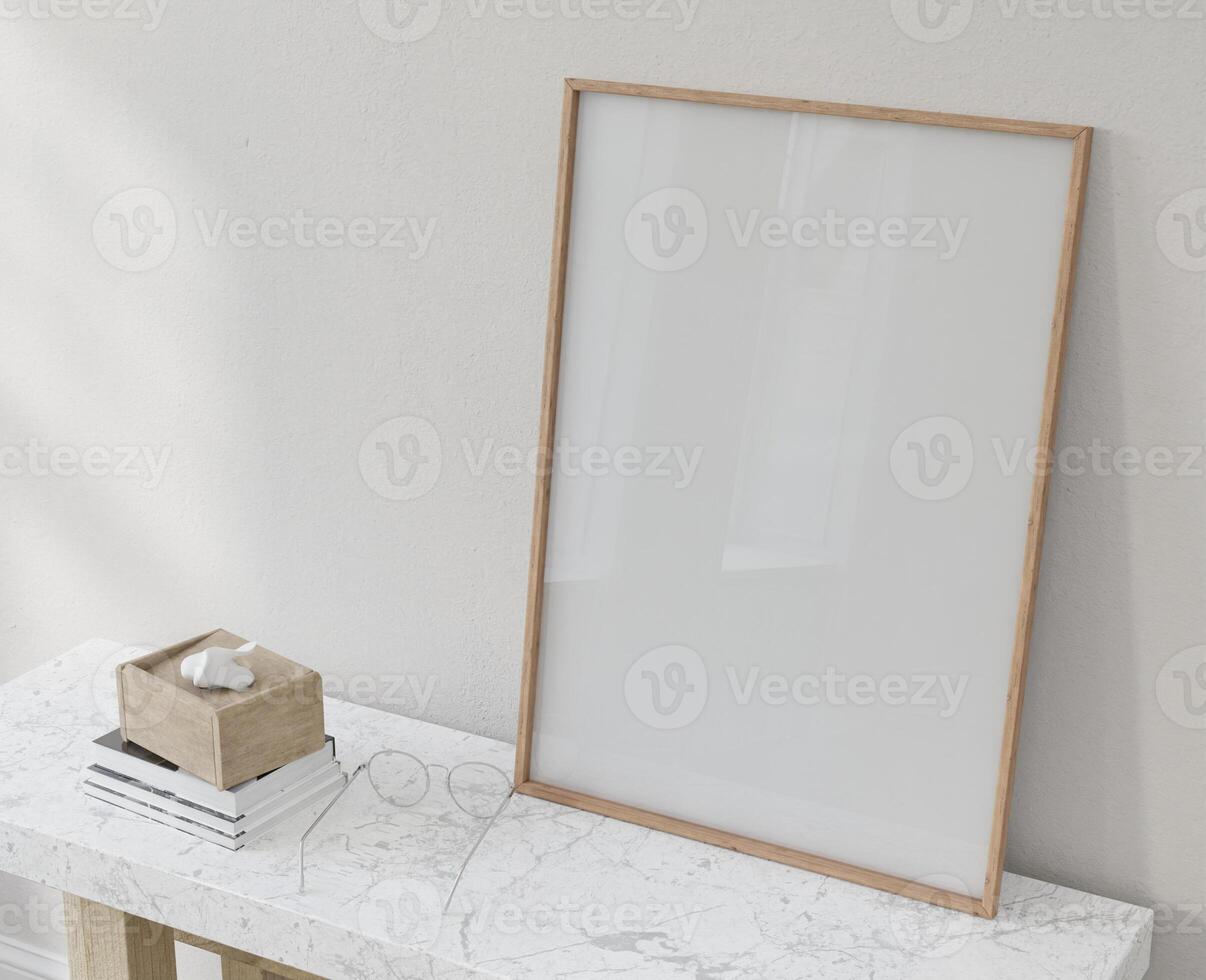 Mockup frame, poster empty close up in home design on top marble console,modern interior design element mockup, 3d rendering. photo