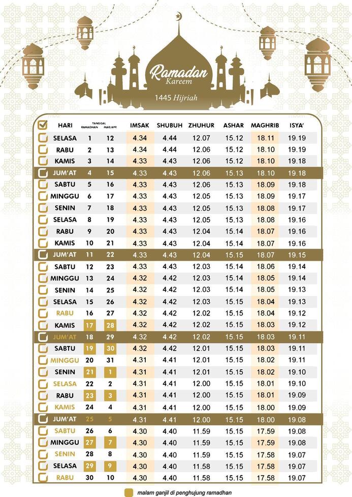 Jadwal imsakiyah islámico calendario Ramadán calendario 2024 1445 hijr silueta estilo oro degradado mezquita Arábica linterna ornamento lujo antecedentes musulmán oración Bosquejo imprimir sidang isbat vector