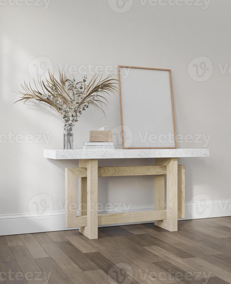 Mockup frame, poster empty in home design on top marble wood leg console,modern interior design element mockup, 3d rendering. photo