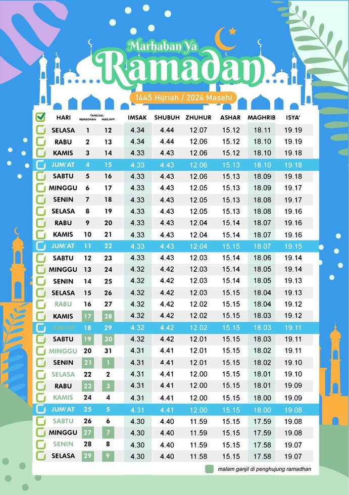 Jadwal Imsakiyah Islamic calendar Ramadan schedule 2024 1445 Hijr silhouette flat style design blue pastel color floral ornament modern simple background moslem prayer mockup printout sidang isbat vector