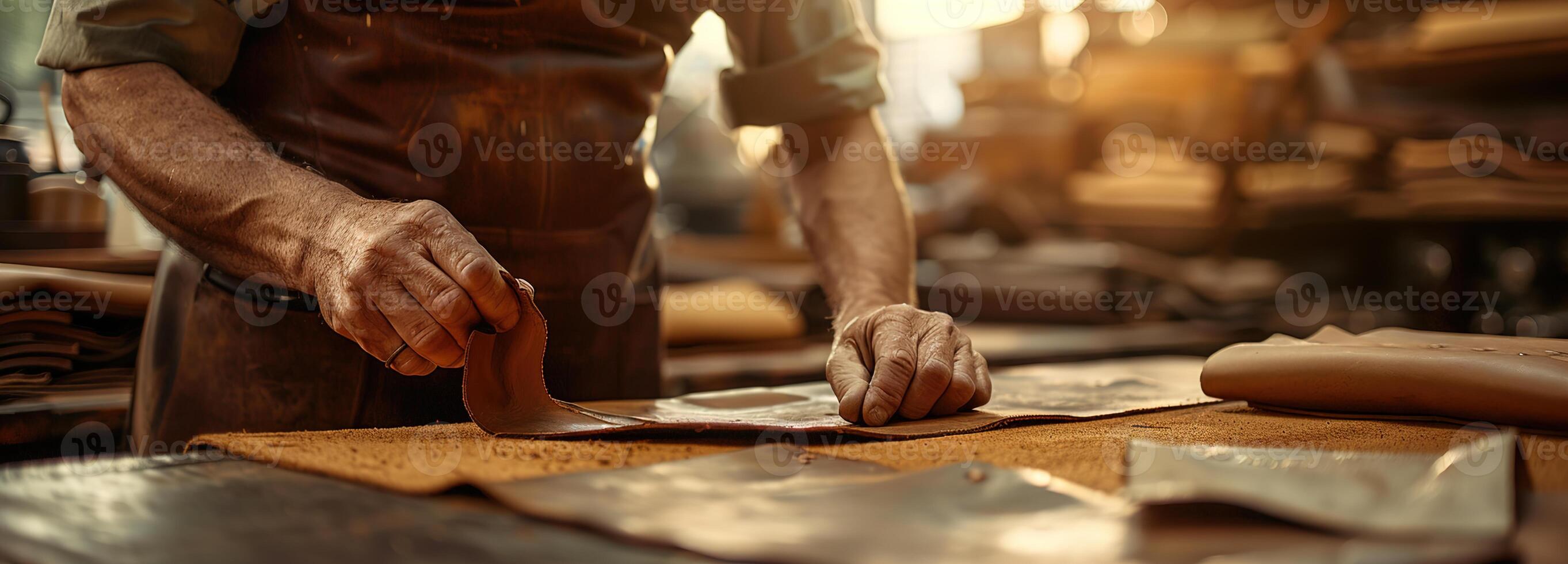 AI generated Leatherworker, Craftsman in detailed work on handmade leather goods, focusing on the art of leather crafting with precision and a rich warm tone in each bag. photo