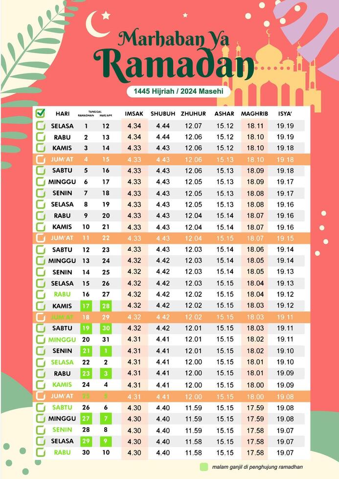 Jadwal Imsakiyah Islamic calendar Ramadan schedule 2024 1445 Hijr silhouette flat style design peach pastel color floral ornament modern simple background moslem prayer mockup printout sidang isbat vector