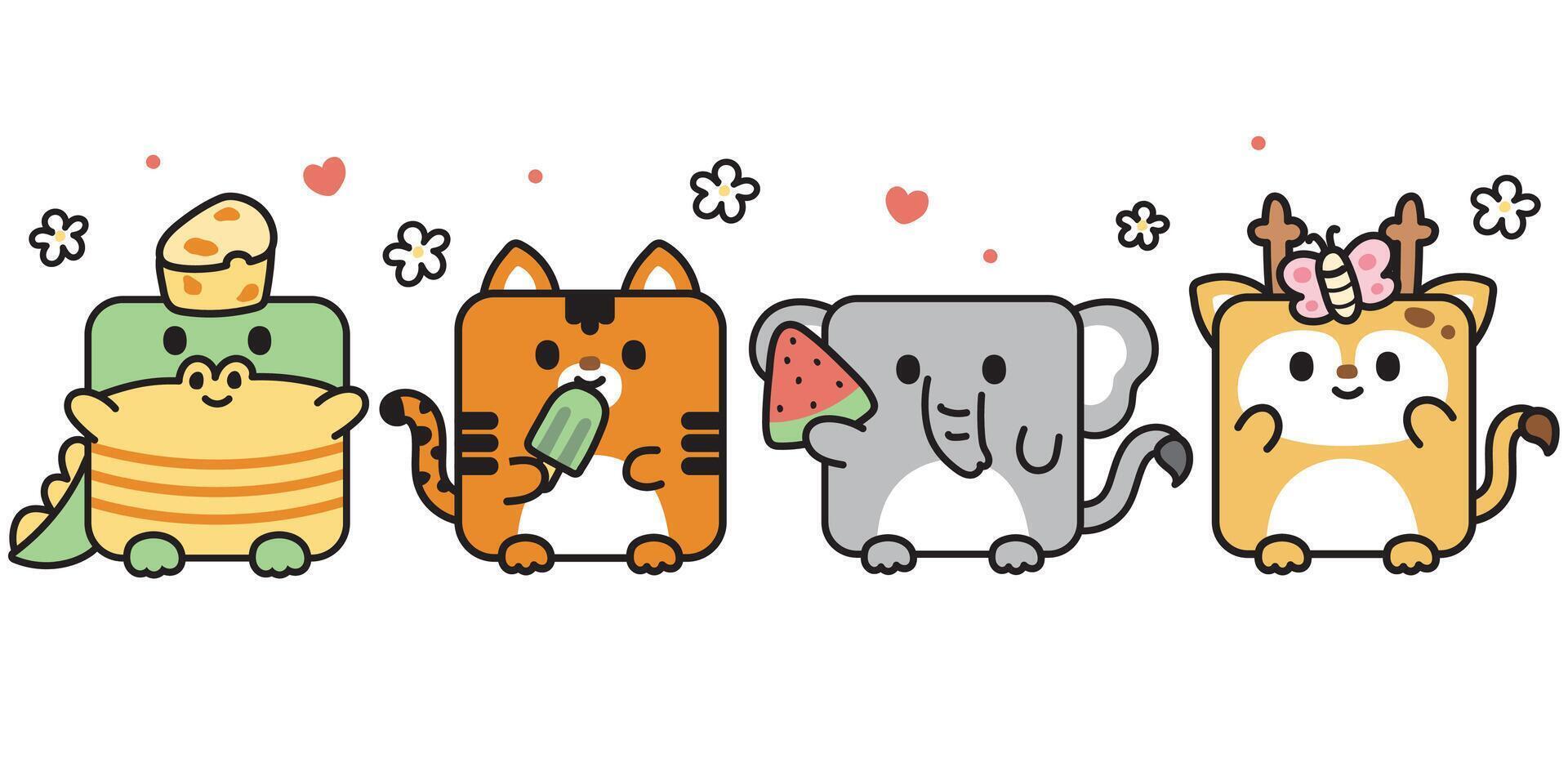 conjunto de linda sonrisa cara animales en cuadrado forma con varios objeto.cocodrilo,tigre,elefante,ciervo.animal personaje dibujos animados diseño colección.niño ilustración.gráfica.kawaii.vectorial. vector