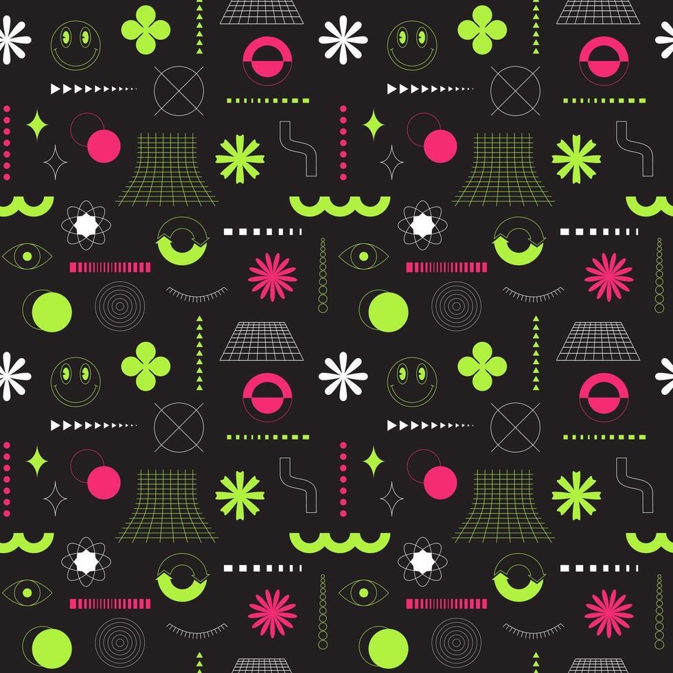 Pink and green seamless pattern with neon acidic abstract geometric, bold, linear shapes. Brutalism, retro futurism style. inspired. For web design, covers, textile. Vector illustration on black